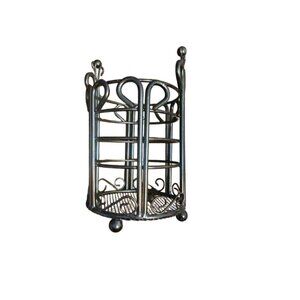 Vintage Black Metal Utensil Holder With Scrollwork Design & Mesh Bottom